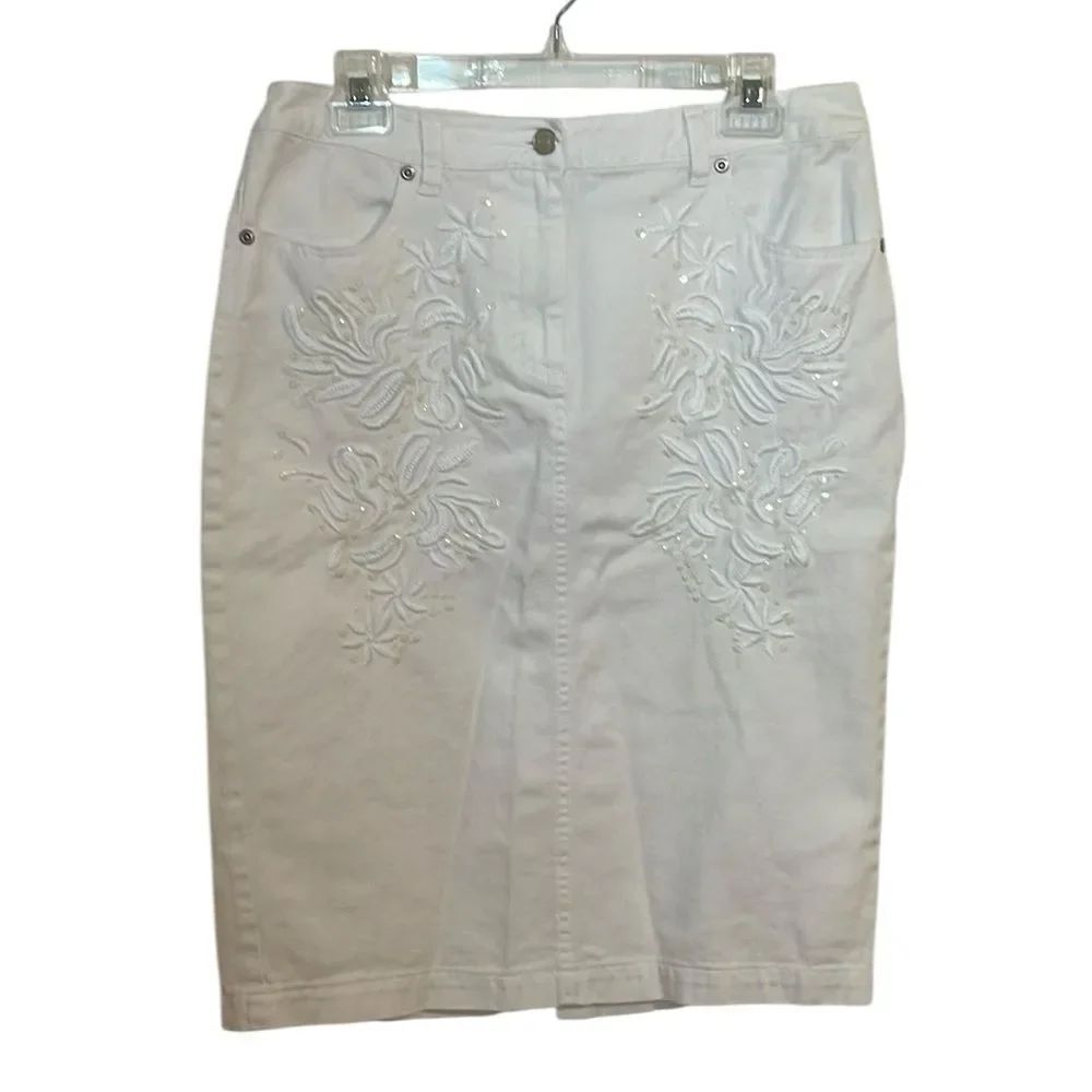 Vintage Embroidered Sequined Newport News White Denim Cotton Skirt, 10